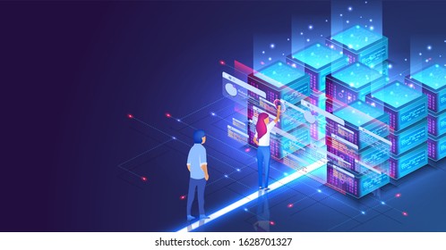 Isometric Concept A Young Woman And Man Creates A Custom Design Datacenter Or Blockchain Background.Hosting Server. UI UX Design. Network Mainframe Infrastructure Website Layout. Landing Page Template