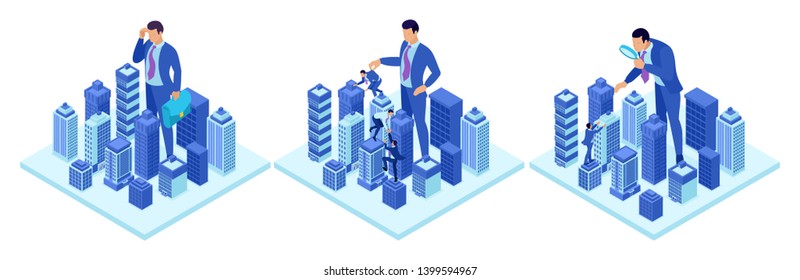 Isometric concepts of a big businessman running a city. For website and mobile application design