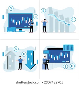 Isometric concepts of business analysis, analytics, research, strategy statistics, planning, marketing. Stock-market-Flat illustration on white background.