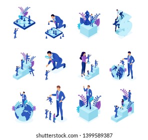 Isometric concepts of business development strategy, employee selection, career. For website and mobile application design.