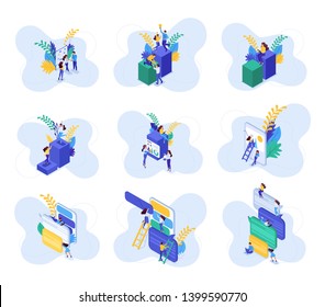 Isometric concepts of communication of teenagers in social networks, reviews, likes, messages. For website and mobile application design.