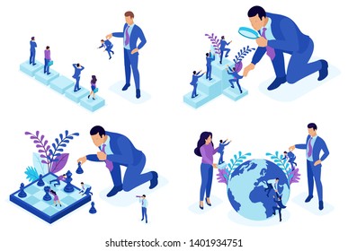 Isometric concepts of employee selection, career development, promotion. For website and mobile application design.