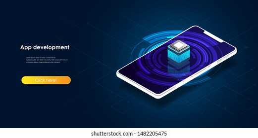	
Isometric conceptual mobile phone. Ui, Ux development vector illustration. Landing page concept. Mobile app wireframe. 