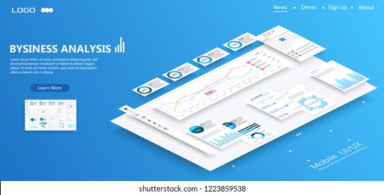 Isometric conceptual page website with disassembled user interface. Ui, Ux development vector illustration. Landing page concept. Mobile app wireframe. Eps 10.