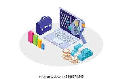 Isometric Conceptual template bar chart on computer screen through magnifying glass.on white background.3D design.isometric vector design Illustration.