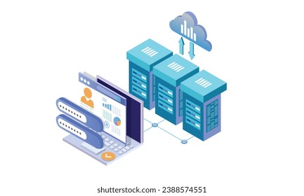 Isometric Conceptual template with Laptop connected to server racks. Scene for cloud storage service to download or upload files.on white background.3D design.isometric vector design Illustration.