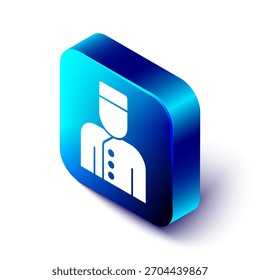 Icono de conserje isométrico aislado sobre fondo blanco. Botón cuadrado azul. Vector