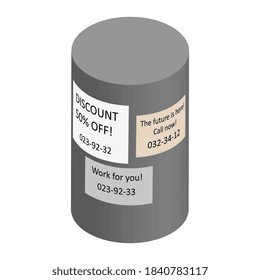 Isometric concrete bollard with job ads and advertisements isolated on white. Adhered paper ads with text. Vector EPS10.