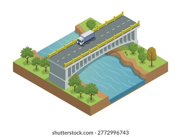 Isometric concrete bridge over river with delivery truck and nature landscape vector illustration