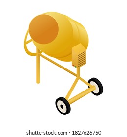 Isometric concrete mixer isolated on white background. Yellow cement-mixer with control box. Vector illustration of building equipment