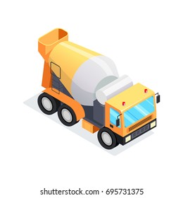 Isometric concrete mixer isolated on white background. 3d concrete mixer front view. Heavy construction machinery. Vector illustration.