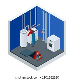 Isometric Condensing Boiler Gas In The Boiler Room. Worker Set Up Central Gas Heating Boiler At Home. Construction, Maintenance And Repair Concept. Vector Illustration