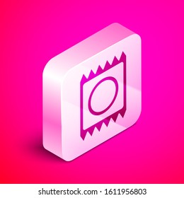 Isometric Condom in package icon isolated on pink background. Safe love symbol. Contraceptive method for male. Silver square button. Vector Illustration