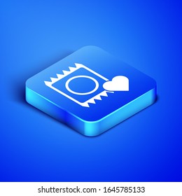 Isometric Condom in package icon isolated on blue background. Safe love symbol. Contraceptive method for male. Blue square button. Vector Illustration