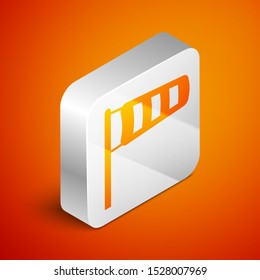 Isometric Cone meteorology windsock wind vane icon isolated on orange background. Windsock indicate the direction and strength of the wind. Silver square button. Vector Illustration