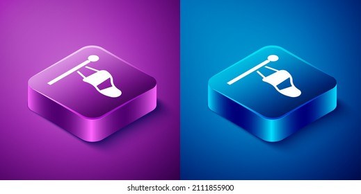 Isometric Cone meteorology windsock wind vane icon isolated on blue and purple background. Windsock indicate the direction and strength of the wind. Square button. Vector