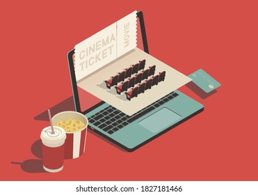 Isometric conept on the theme of online buying cinema tickets with laptop