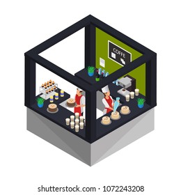 Isometric confectionery shop concept with workers cooking and serving desserts cakes and sweet products isolated vector illustration