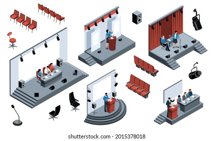 Isometric conference hall color set with isolated icons of lighting equipment chairs and stages with speakers vector illustration