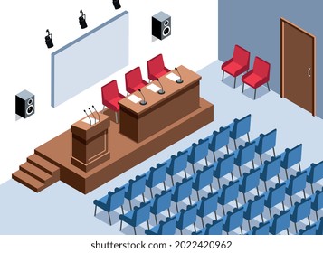 Composición isométrica de la sala de conferencias con vista interior del auditorio vacío con tribune y mesa sobre ilustración del vector de escenario