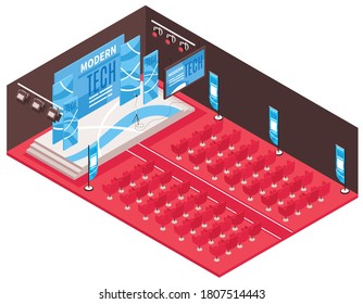 Isometric conference hall composition with view of ceremony venue with stage and projection screens with seats vector illustration