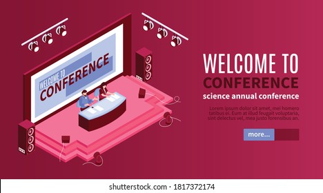 Isometric conference hall horizontal banner with images of stage and tribunes with editable text and button vector illustration