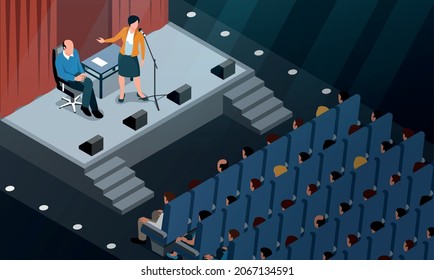 Isometric conference hall horizontal composition with auditorium visitors on seats and stage with characters of speakers vector illustration