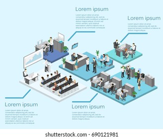 Isometric conference hall, offices, workplaces, director of the office interior