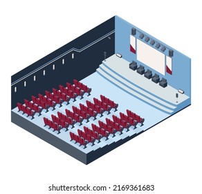 Isometric conference hall room concept with empty audience vector illustration