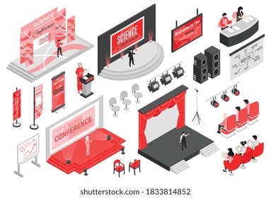 Sala de conferencias isométrica con imágenes aisladas de elementos escénicos asientos de equipo de iluminación y pantallas de proyección ilustración vectorial