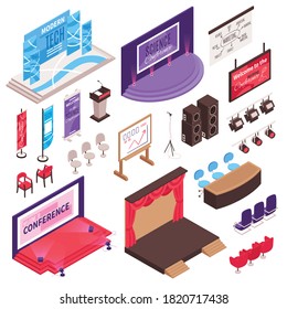 Isometric Conference Hall Stage Presentation Tribune Set With Isolated Tribunes Seats Advertising Flags And Lightning Equipment Vector Illustration