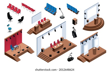 Isometric Conference Hall Stage Presentation Tribune Set With Isolated Icons Of Seats Chairs And Different Stages Vector Illustration