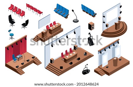 Isometric conference hall stage presentation tribune set with isolated icons of seats chairs and different stages vector illustration