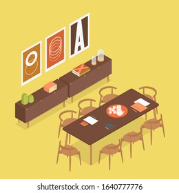 Isometric conference room in yellow. Vector illustration in flat design, isolated.