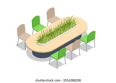 Isometric Conference table covered with grass. Table with greenery decoration in the center