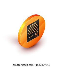 Isometric Confirmed document and check mark icon isolated on white background. Checklist icon. Business concept. Orange circle button. Vector Illustration