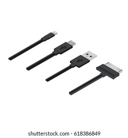 Isometric connectors and USB cords for PC and mobile devices vector illustration. Black cords, cable set, collection