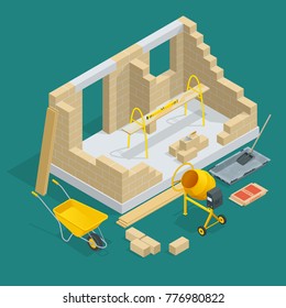 Isometric Construction Of A Brick House. House Building Process Vector Illustration. Constructing Home With Tools And Materials.