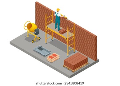 Isometric construction of a brick house. House under construction. Construction site with a house built from brick, featuring brickwork and scaffolding