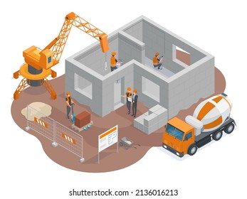 Isometric construction, building yard ground, workers and cranes trucks. Building construction equipment and cranes vector illustration. Construction architecture elements isometric