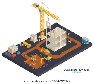 Isometric construction composition with platform and building yard ground area tower cranes trucks and human characters vector illustration