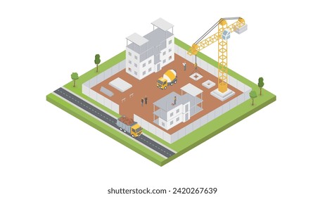 Isometric construction composition with platform and building yard ground area tower cranes trucks vector illustration.