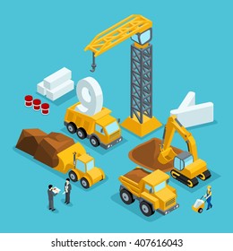 Isometric Construction Concept. Area Clearing Services For The Building Work. Development Site Preparation, Coordination Of Engineers. Construction On 9 May. Vector Illustration