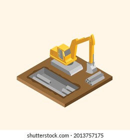 isometric construction concept. Industrial crane, shovel, pipeline, Modern Isometric Construction Site Illustration.