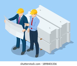 Isometric Construction Engineers and Builders in Yellow Safety Helmets On Building Site with Architectural Plan. Business Plan Development.