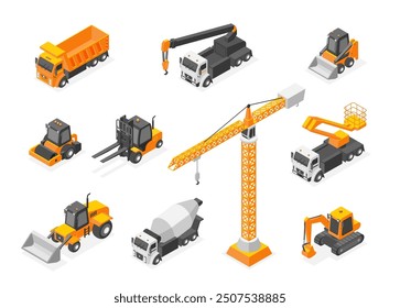 Equipos de construcción isométricos. Transporte especial para la construcción, el camión, la grúa bulldozer y las maquinarias. Vehículos y camiones 3D, Clipart de Vector impecable