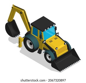 Isometric Construction equipment tractor with front and rear bucket. Industrial machinery and equipment. Realistic cartoon 3d vector isolated on white background