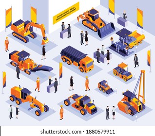 Isometric construction exhibition composition with indoor scenery of expo booth with road machinery vehicles and people vector illustration