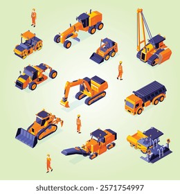  Isometric construction exhibition composition with road machinery vehicles and people illustration