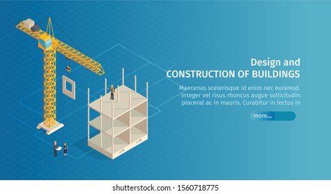 Isometric construction horizontal banner with slider button text and images of crane with half-constructed building vector illustration